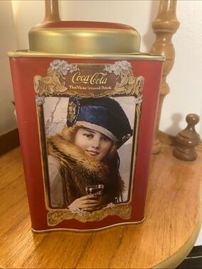 Coca Cola Red and Gold Decorative Tin with Vintage Illustration